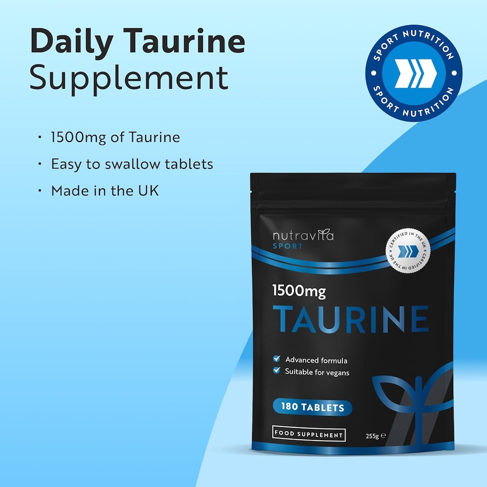 image 1 of Nutravita Taurine Supplement 1500mg - Vegan Amino Acids - Sports Supplement for Men & Women - Made in The UK - 180 High Strength Taurine Tablets