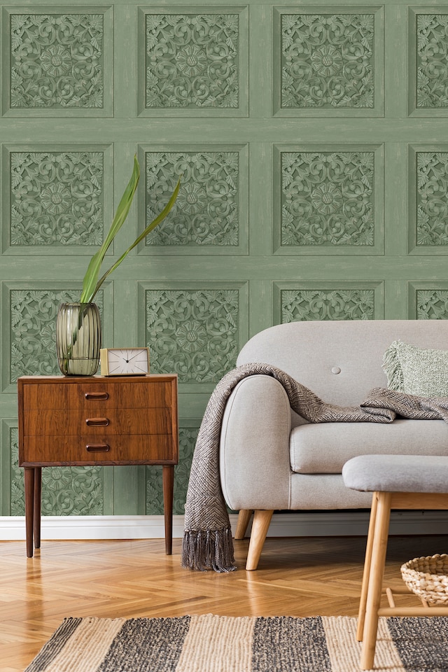 image 1 of Fine Decor FD43276 Carved Panel Wallpaper, Sage