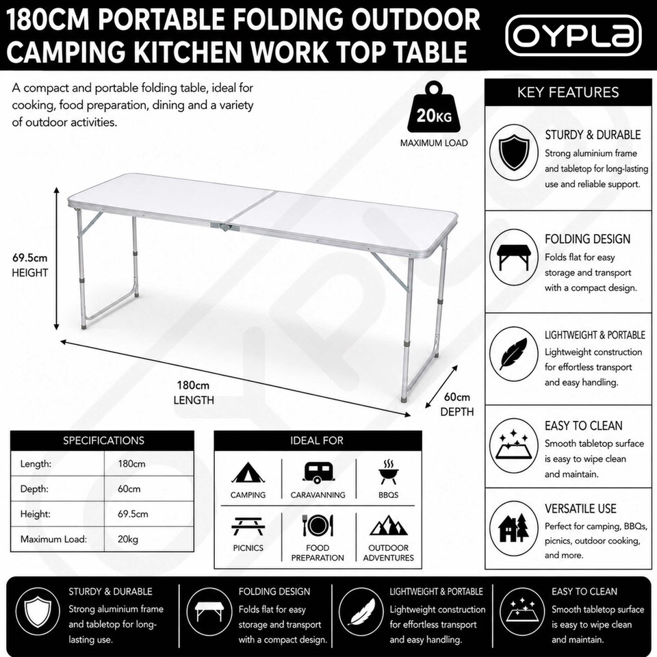 image 1 of 6ft Folding Outdoor Camping Kitchen Worktop Table Portable Food Prep Station
