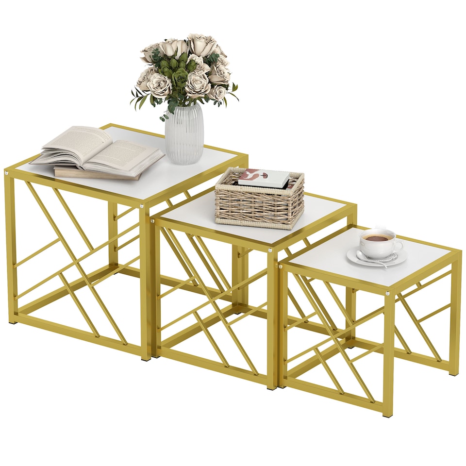 image 1 of HOMCOM Nesting Coffee Tables, Set of 3 Square Side Tables with Black Metal Frame, for Living Room, Bedroom and Office, White