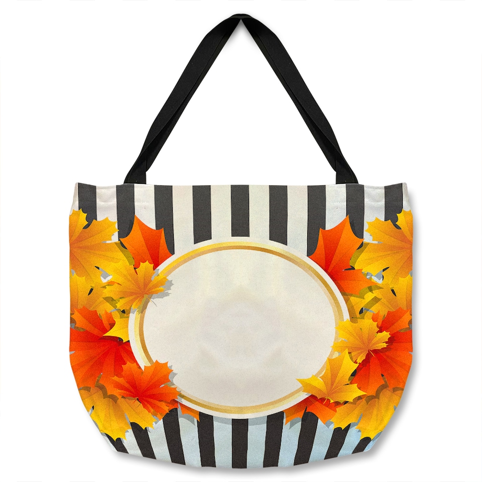 Orange & Red Autumn Leaves On Black Stripes Tote bat | Multi
