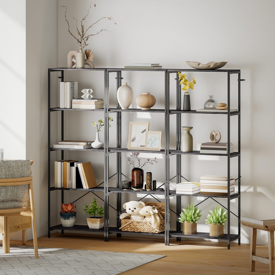 image 1 of HOMCOM 5-Tier Bookshelf, Industrial Bookcase, Floor Standing Book Shelf with Metal Frame, Open Display Shelving Unit for Living Room, Home Office and Bedroom, Dark Grey and Black | Black | Dark Grey and Black