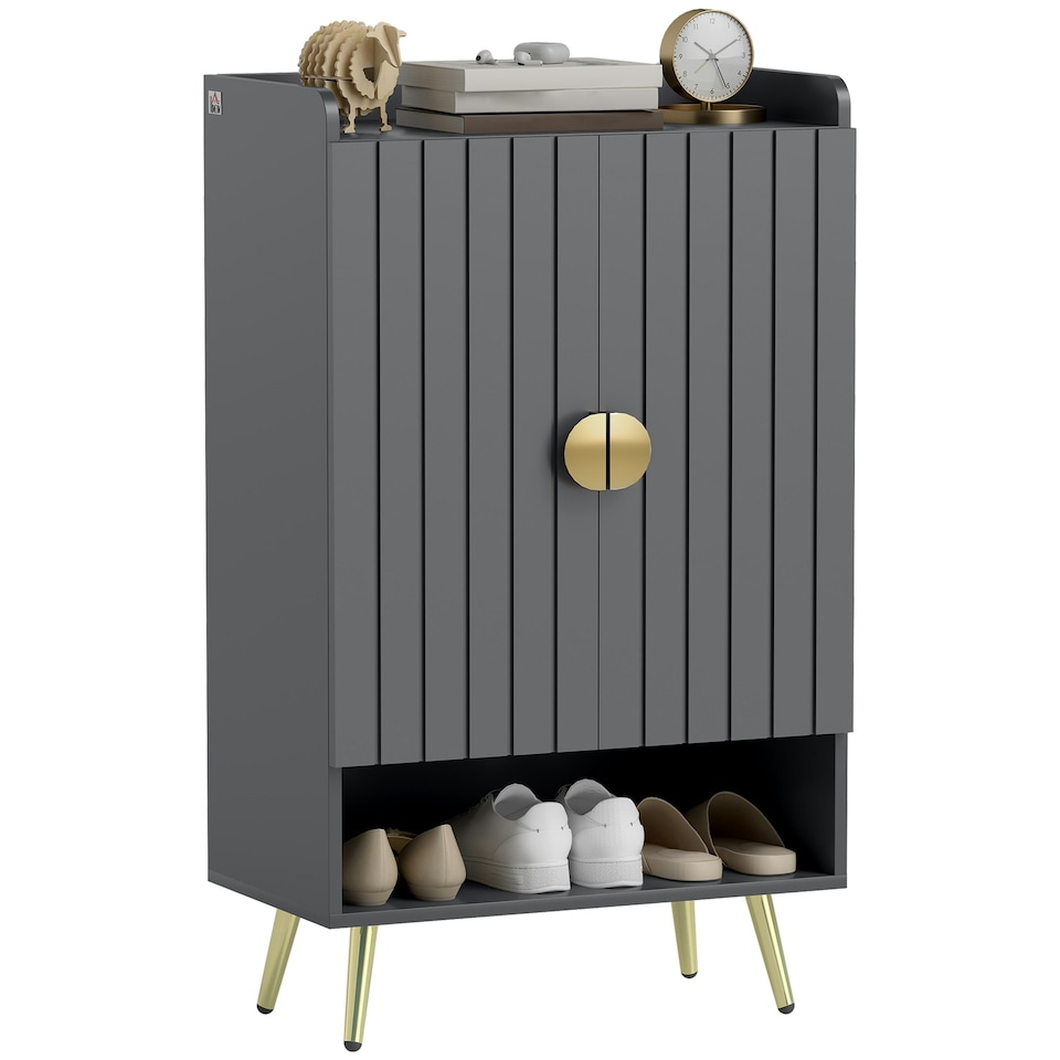 image 1 of HOMCOM Shoe Storage Cabinet with Beadboard Doors for 15 Pairs of Shoes, Grey