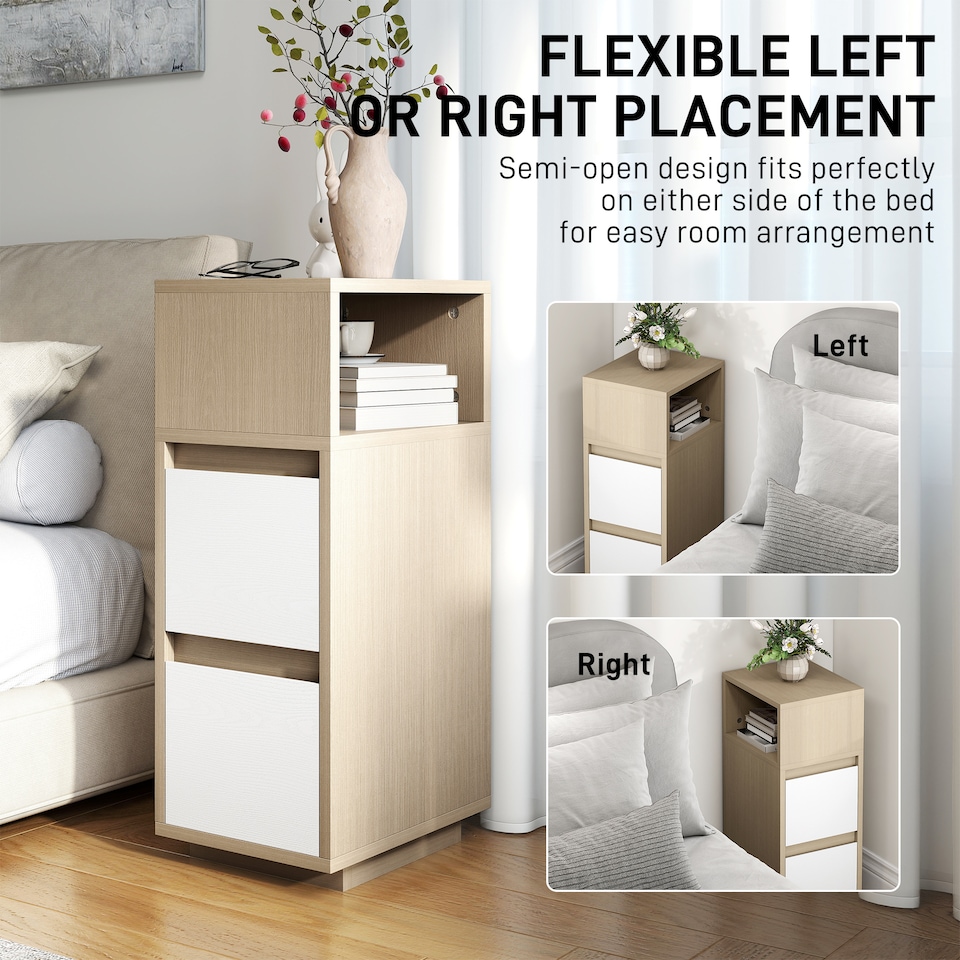 image 1 of HOMCOM Slim Bedside Table, Bedside Cabinet with Open Shelf and 2 Drawers