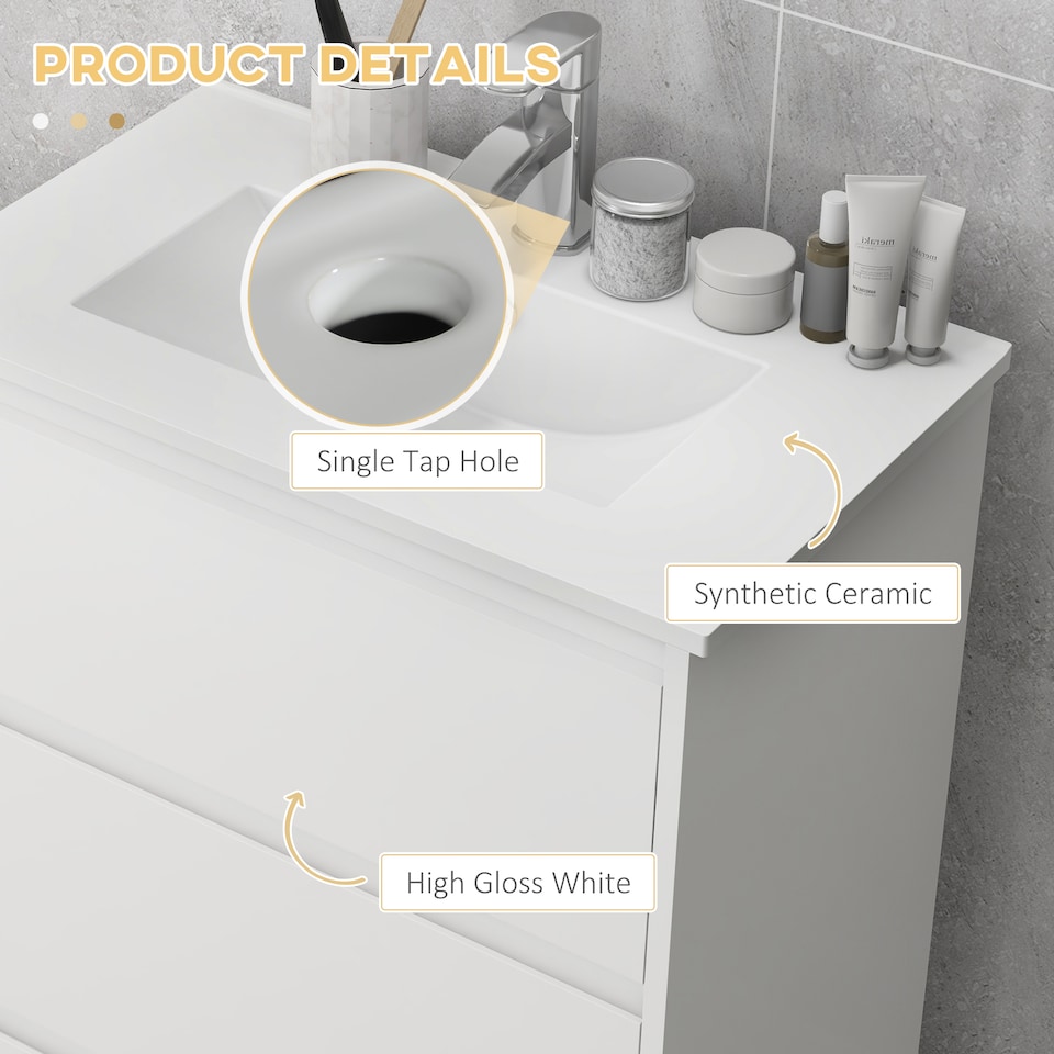 image 1 of kleankin 600mm Bathroom Vanity Unit with Basin and Single Tap Hole, High Gloss White Floor Standing Bathroom Sink Unit with 2 Drawers for Cloakroom | White | High gloss