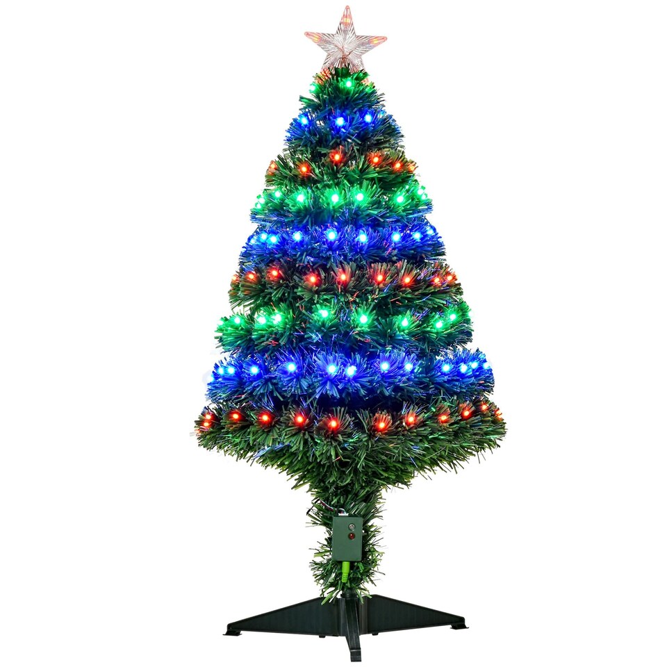 image 1 of HOMCOM 3 Feet Prelit Artificial Christmas Tree with MultiColoured Fiber Optic LED Light, Holiday Home Xmas Decoration, Green