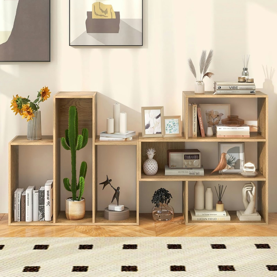 image 1 of COSTWAY 3-tier Bookshelf Concave Open Back Bookcase Brown