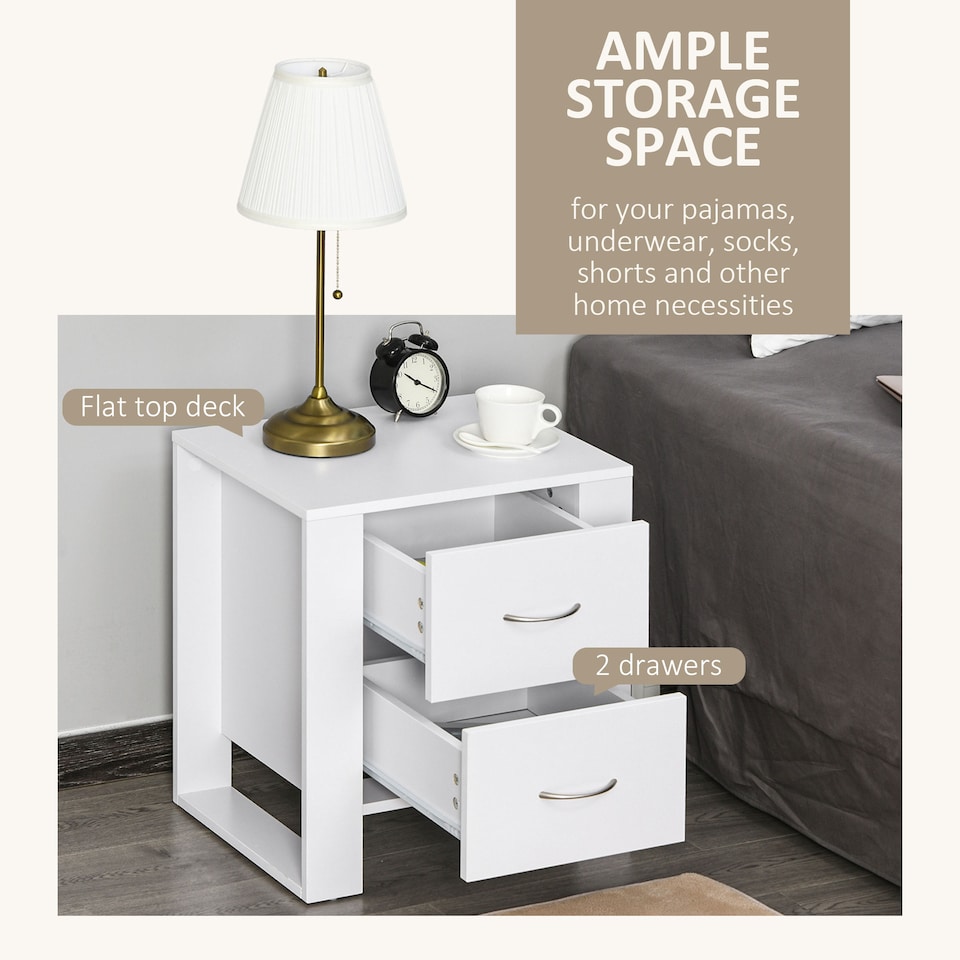 image 1 of HOMCOM Bedside Table with 2 Drawers, Nightstand with Handles and Elevated Base, Side Table for Bedroom, Living Room, White