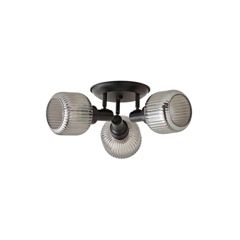 image 1 of ValueLights Calpe 3 Way Black Ceiling Light Ribbed Smoked Shades