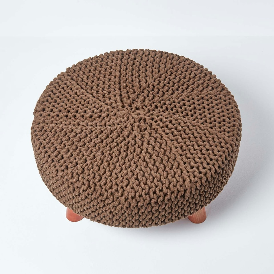 image 1 of Homescapes Chocolate Brown Large Round Cotton Knitted Footstool on Legs
