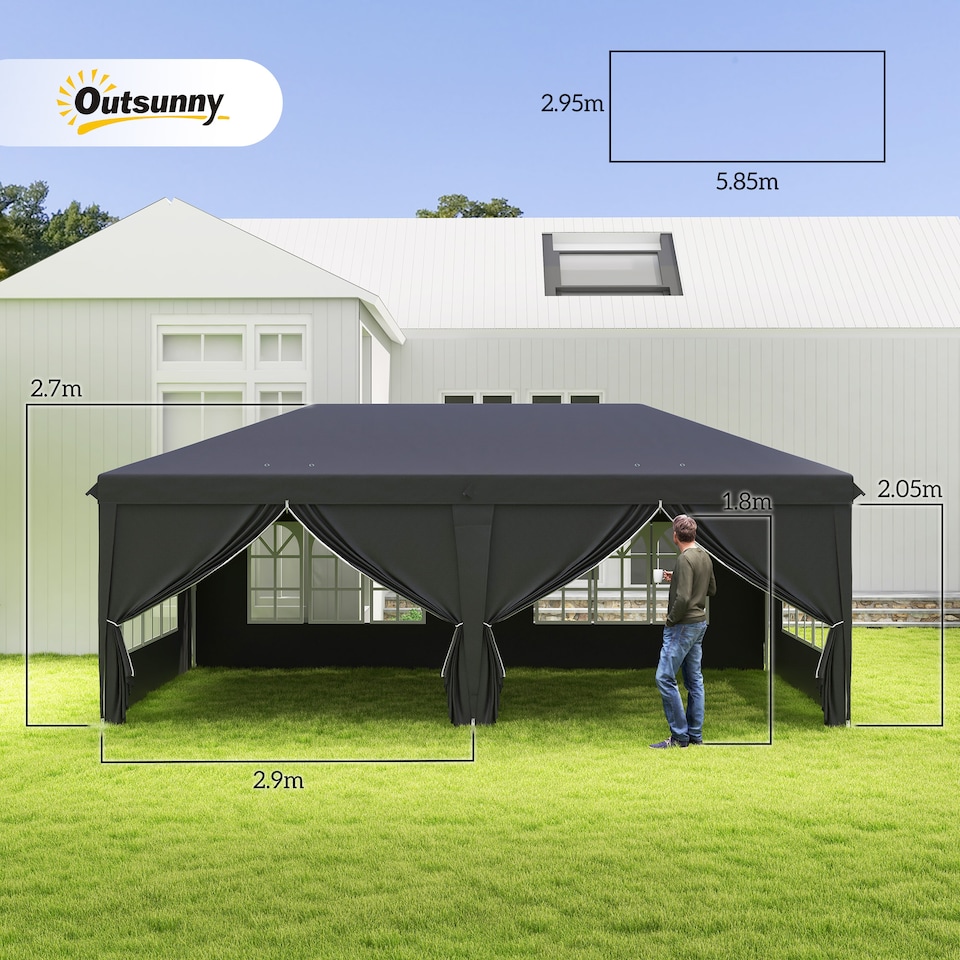 image 1 of Outsunny 3 x 6 m Garden Pop Up Gazebo, Wedding Party Tent Marquee, Water Resistant Awning Canopy with Sidewalls, Windows, Carry Bag, Black