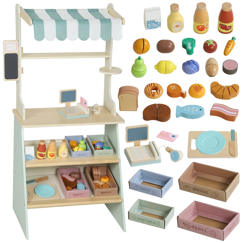 image 1 of AIYAPLAY Wooden Toy Shop, Supermarket Role Play with 34 Accessories, Green