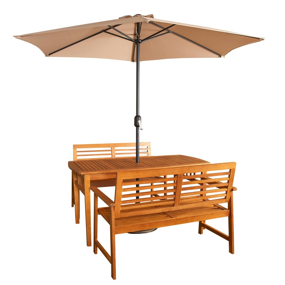 image 1 of Outdoor 4 Person Rectangular Wooden Garden Table, 2 Benches with Beige Havana Parasol & Base