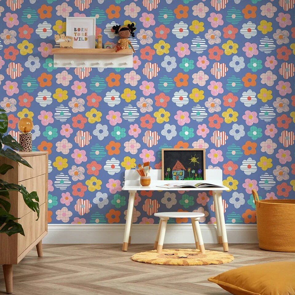 image 1 of Miss Daisy Wallpaper in Multicoloured Brights on Blue Multi