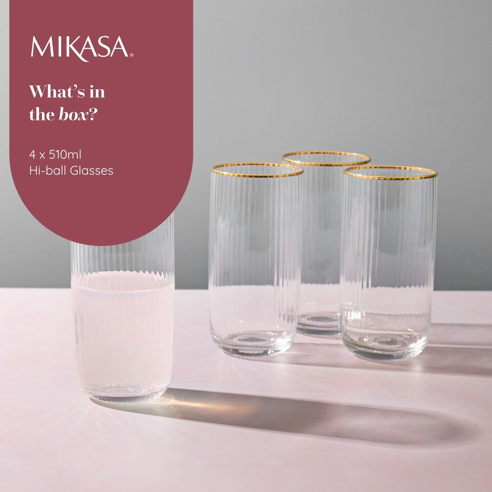 image 1 of Mikasa Highball Cocktail Glasses Set Clear Ridged Crystal 375ml Set of 4