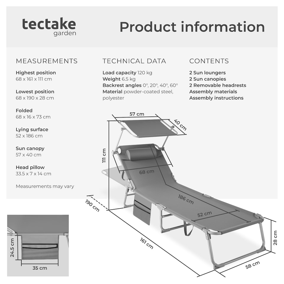 image 1 of Set of 2 Sun Loungers - foldable, adjustable sun canopy | Grey | grey | 1