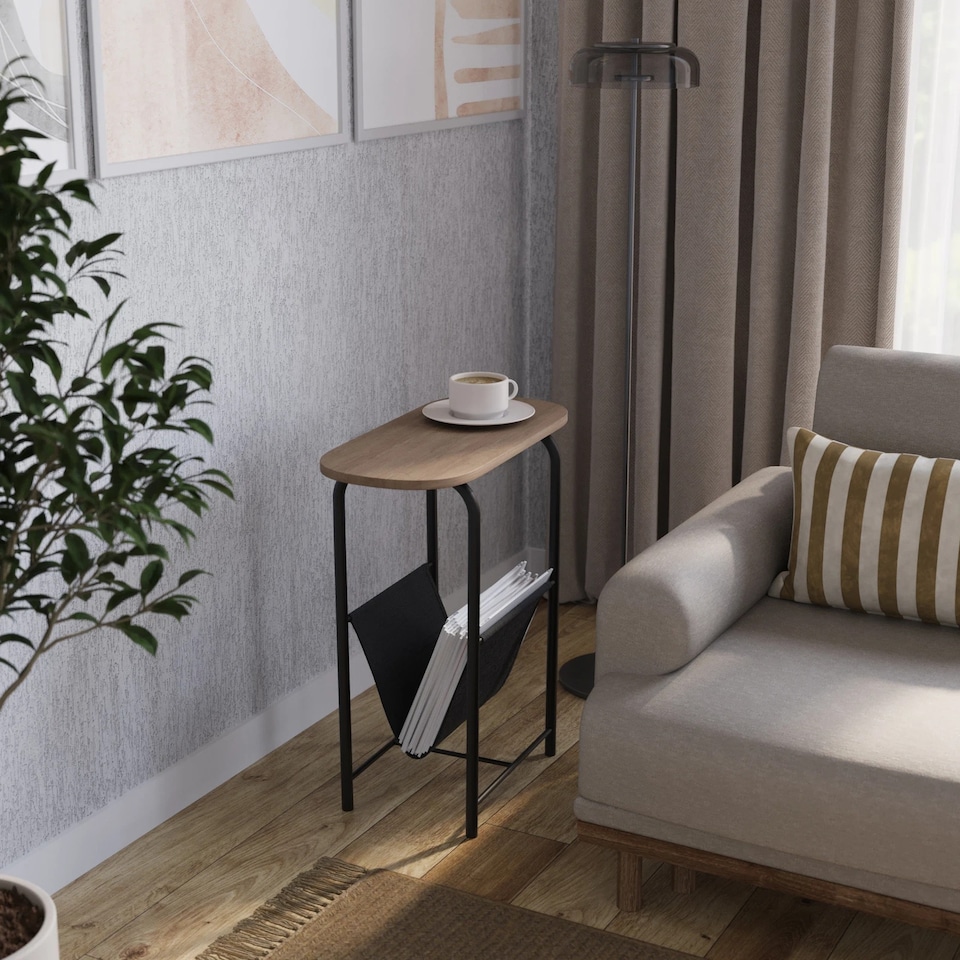 image 1 of Slim Oval Side End Table with Magazine Holder Sling Rack Coffee Snacks Newspapers | Multi | Oak
