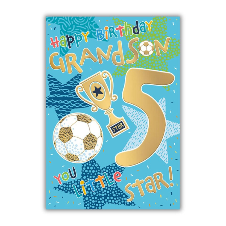 image 1 of Words 'n' Wishes 5th Birthday Card for Grandson, Patterned & Foiled Letters With Football & Trophy, Multicoloured, 23.5 x 16.5 cms