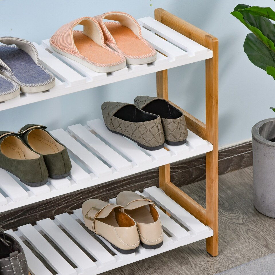 image 1 of HOMCOM 3-Tier Shoe Rack Wood Frame Slatted Shelves Open Storage, Natural