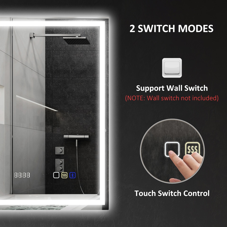 image 1 of HOMCOM 500 x 700 mm Bluetooth LED Bathroom Mirror, Illuminated Backlit Vanity Mirror with 3 Colours Dimmable, Clock, Anti-Fog, Memory Function, Touch Sensor, IP44 | Silver