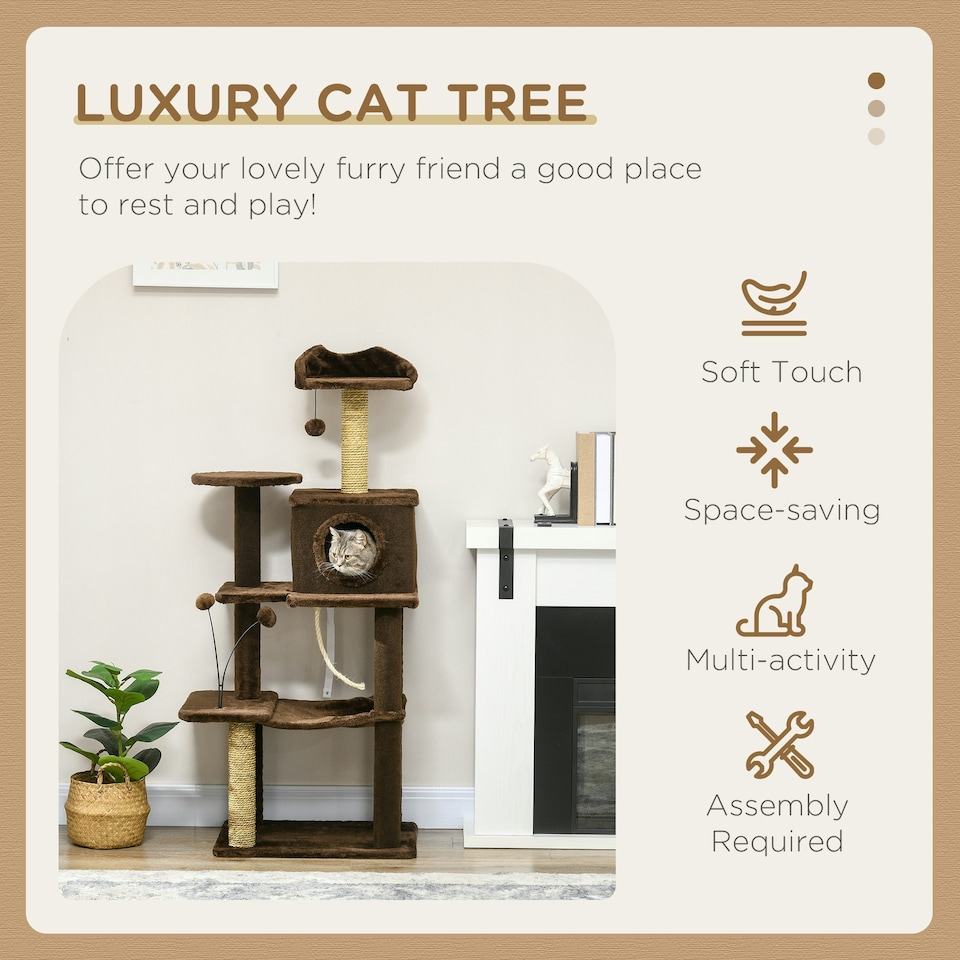 image 1 of PawHut 136cm Cat Tower with Scratching Posts Hammock Cat House Plush, Brown