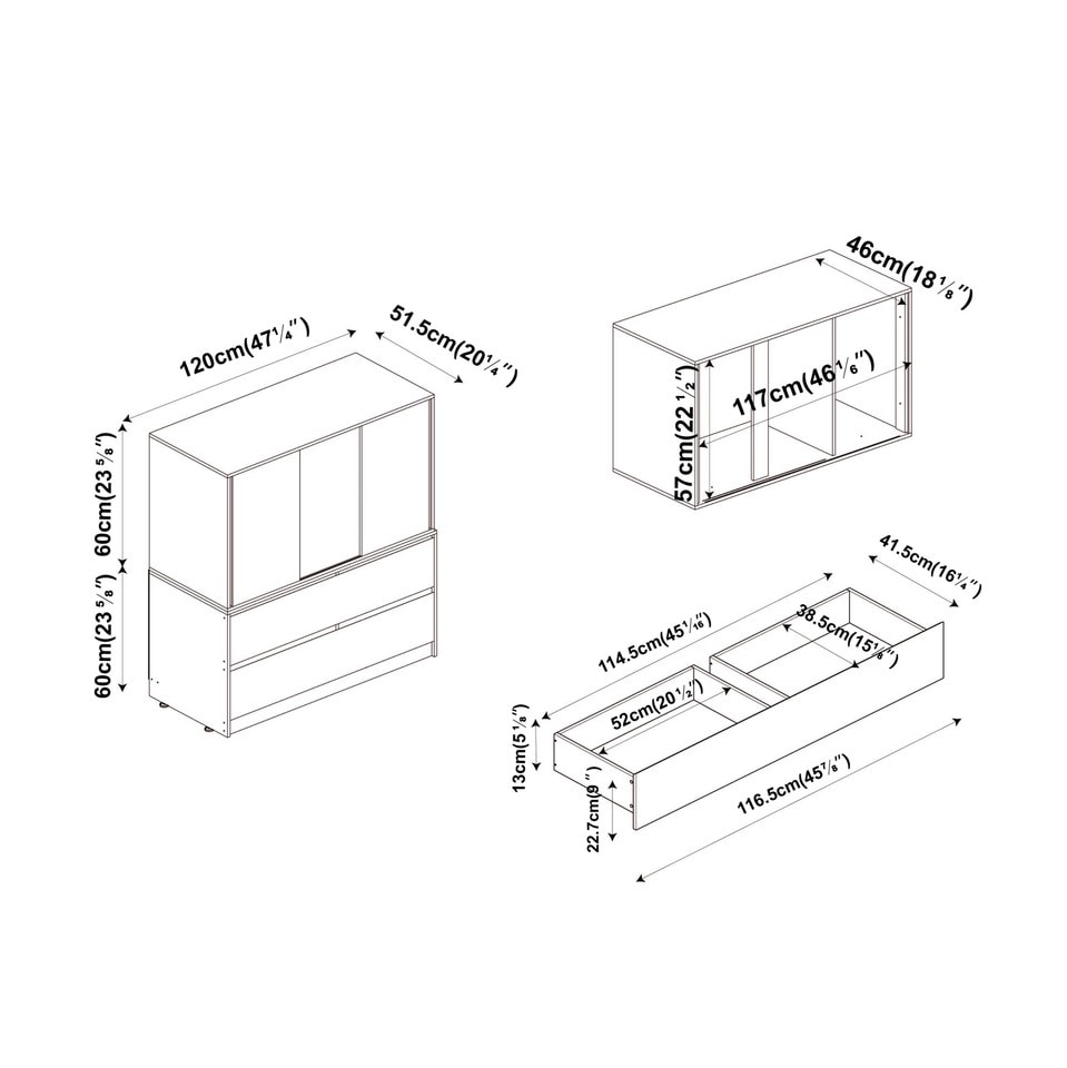 image 1 of 120cm 3 Sliding Door 4 Drawer Bedside Cabinet Storage End Unit Bedroom Furniture | Grey | Grey | 1