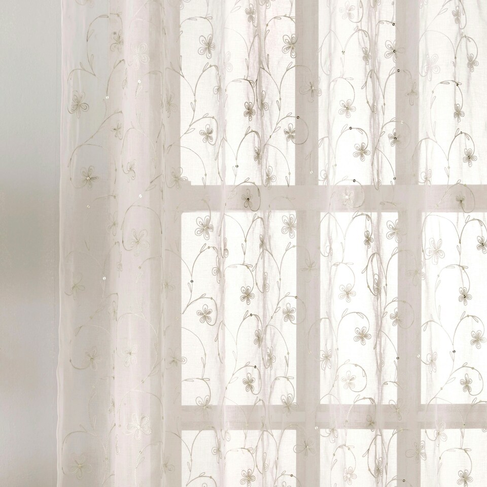 image 1 of Pair of Belle Cream Floral Embroidery Voile Panels 229 cm (90 inch) Rod Pocket Panels with Sequins for Bedroom and Living Room