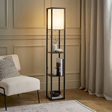 ValueLights Struttura Black Shelving Floor Lamp with Fabric Shade