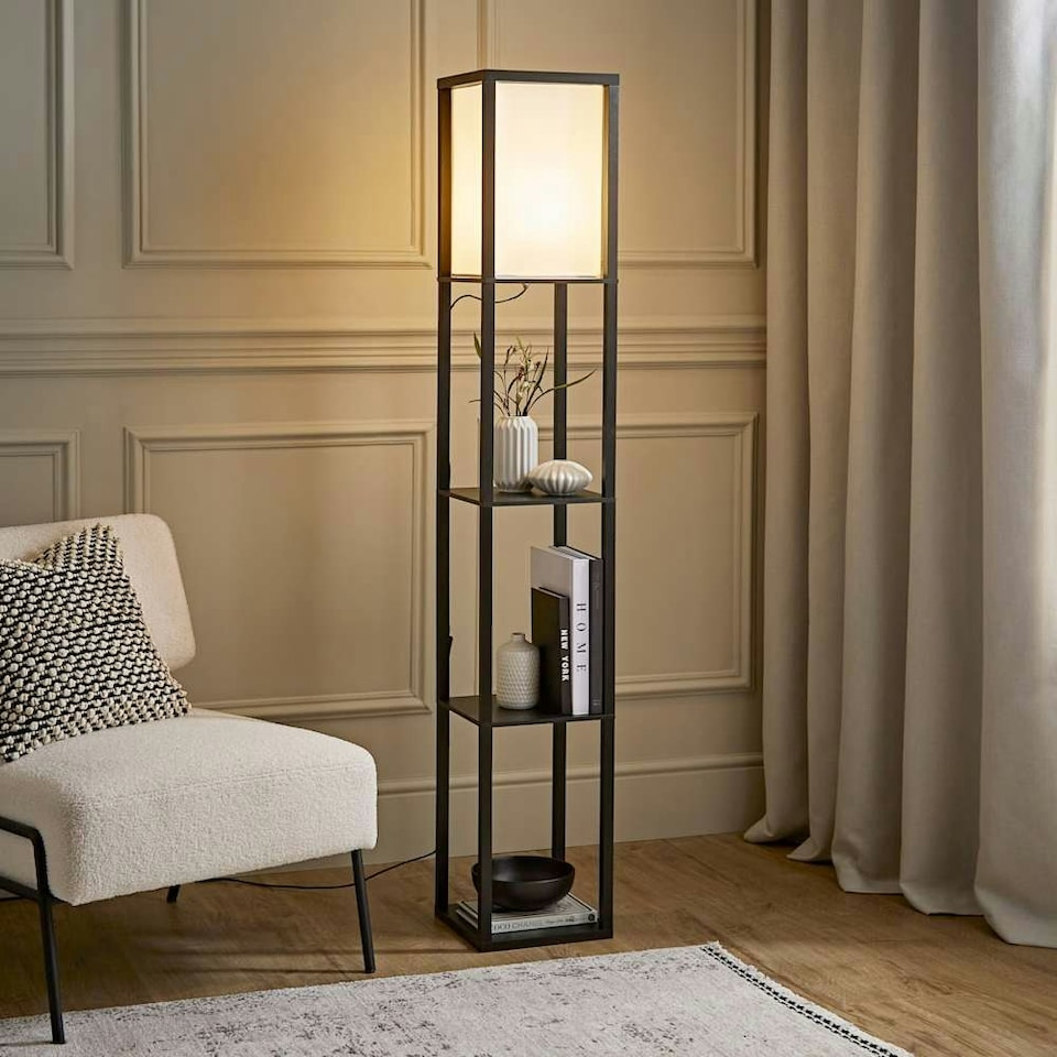 image 1 of ValueLights Struttura Black Shelving Floor Lamp with Fabric Shade