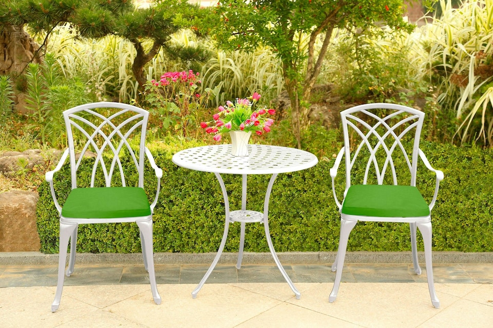 image 1 of Centurion Supports OSHOWA Luxurious Garden and Patio Table and 2 Large Chairs with Armrests Cast Aluminium Bistro Set - White with Green Cushions