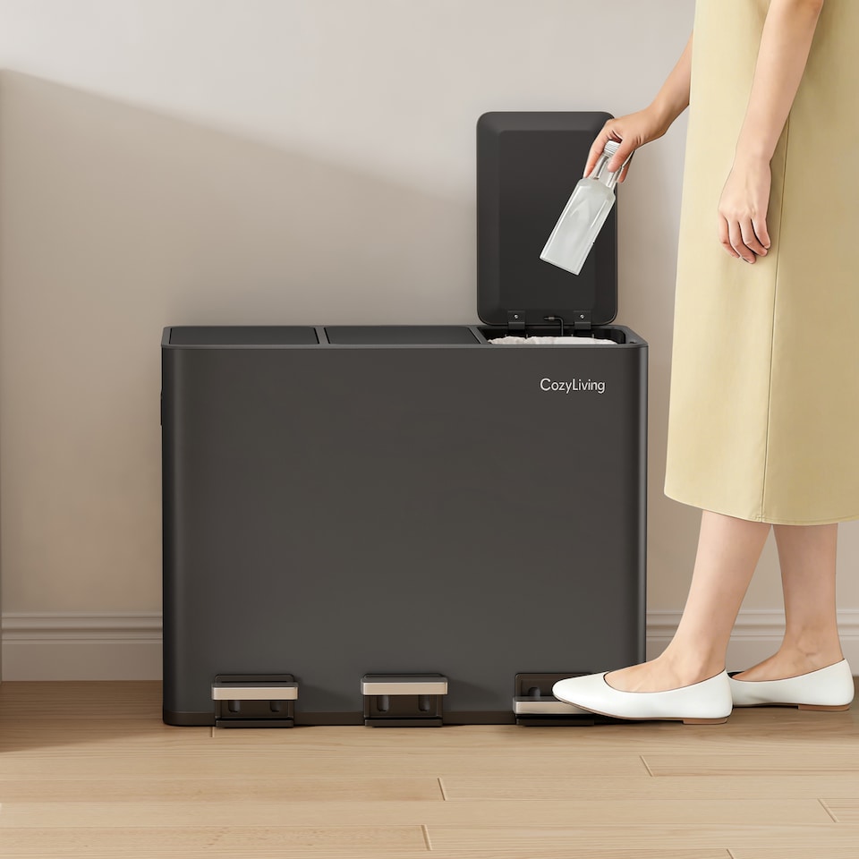 image 1 of CozyLiving 45L Triple Pedal Bin for Recycling and General Waste Rubbish Kitchen Bin 3x 15L