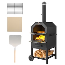 Outsunny Outdoor Pizza Oven Charcoal Grill with Rain Cover, Shelf and Wheels