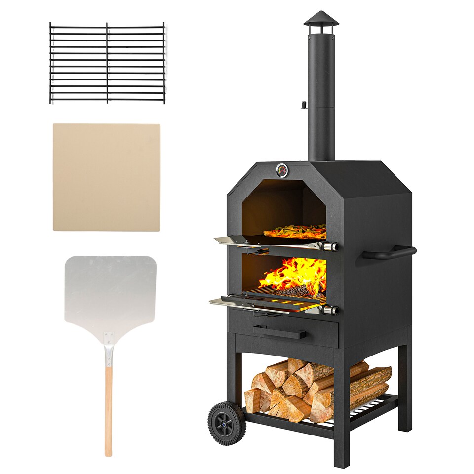 image 1 of Outsunny Outdoor Pizza Oven Charcoal Grill with Rain Cover, Shelf and Wheels