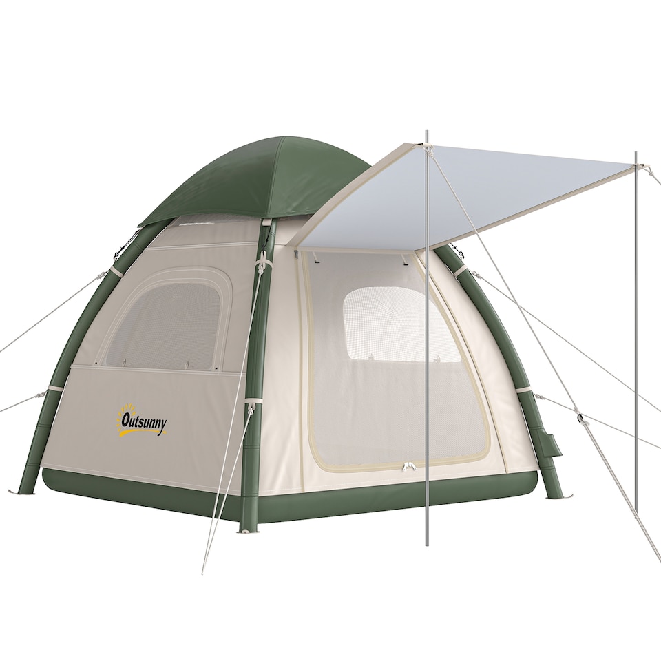 image 1 of Outsunny 3 Man Inflatable Camping Tent w/ 3000mm Waterproof Rainfly | Brown | Beige | 220 x 220 x 200 cm