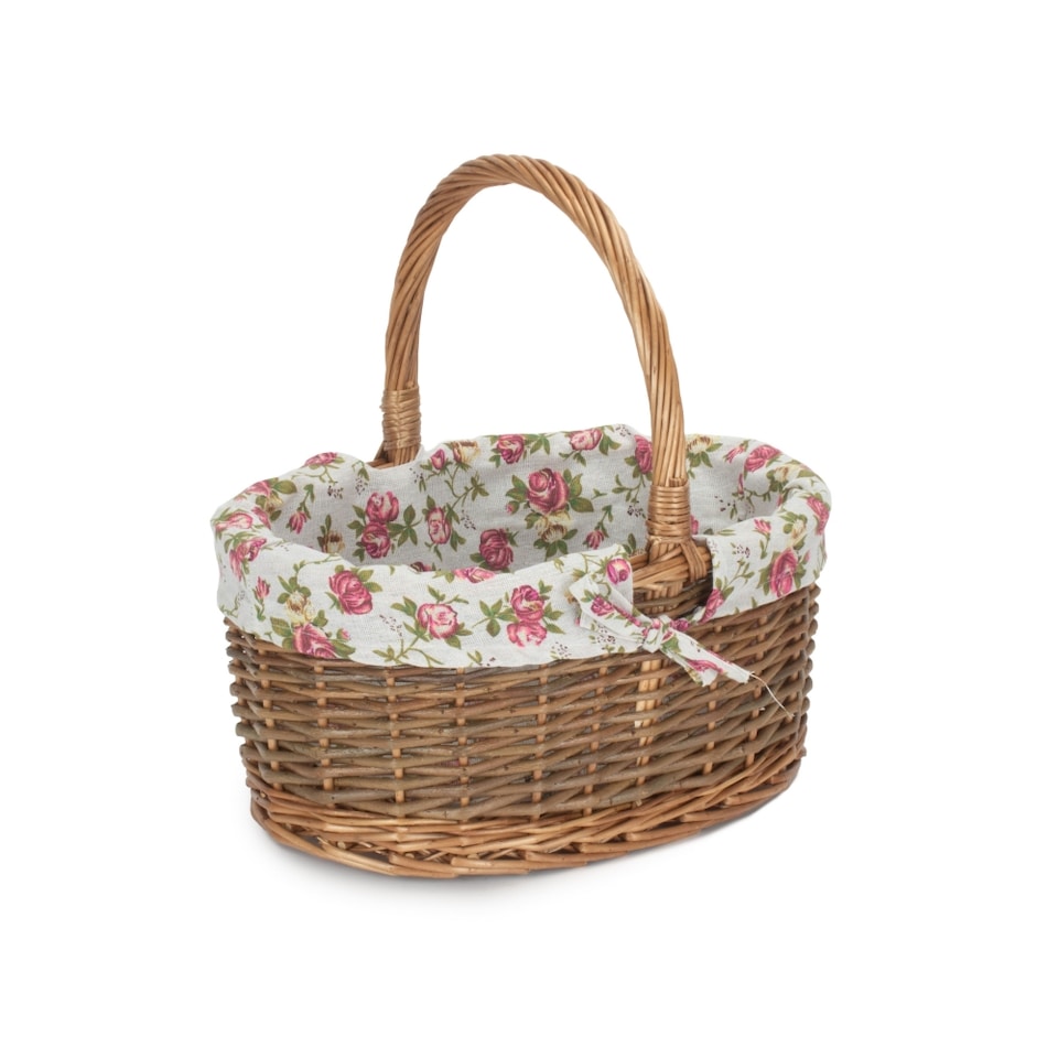 image 1 of Large Oval Unpeeled Willow Shopping Basket With Garden Rose Lining | Multi | Garden Rose