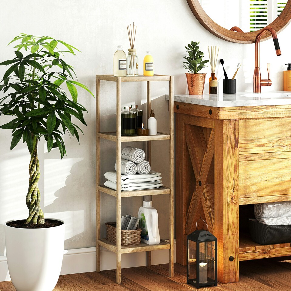 image 1 of 4-Tier Bathroom Storage Shelving Unit, Freestanding Bamboo Shelves, Natural Cream
