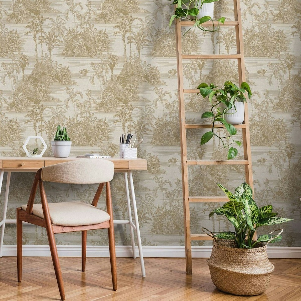 image 1 of Muriva Eden Collection Tropical Toile Wallpaper - Gold - 10m x 53cm Gold