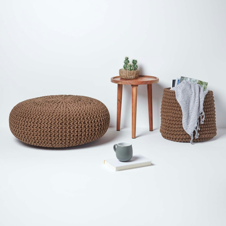 image 1 of Homescapes Chocolate Brown Large Round Cotton Knitted Pouffe Footstool