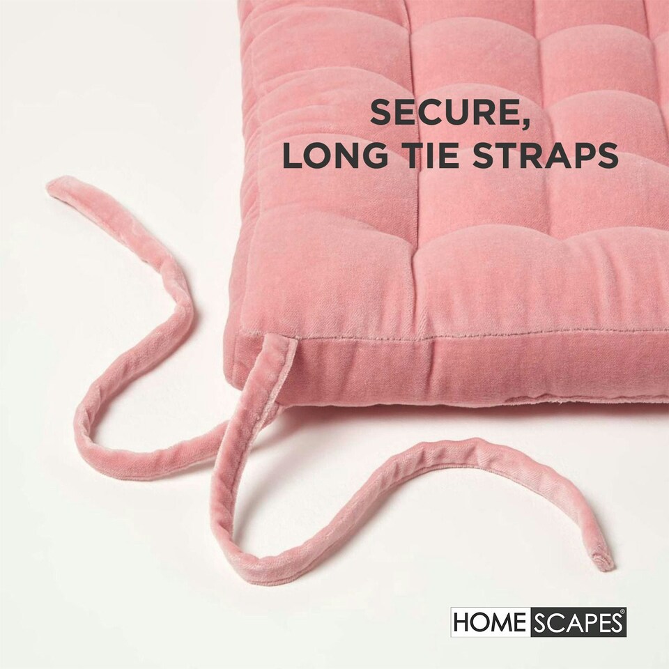 image 1 of Homescapes Set of 4 Seat Pad Cushion Luxury Cotton Velvet Indoor Outdoor Garden, 40 x 40cm Pink