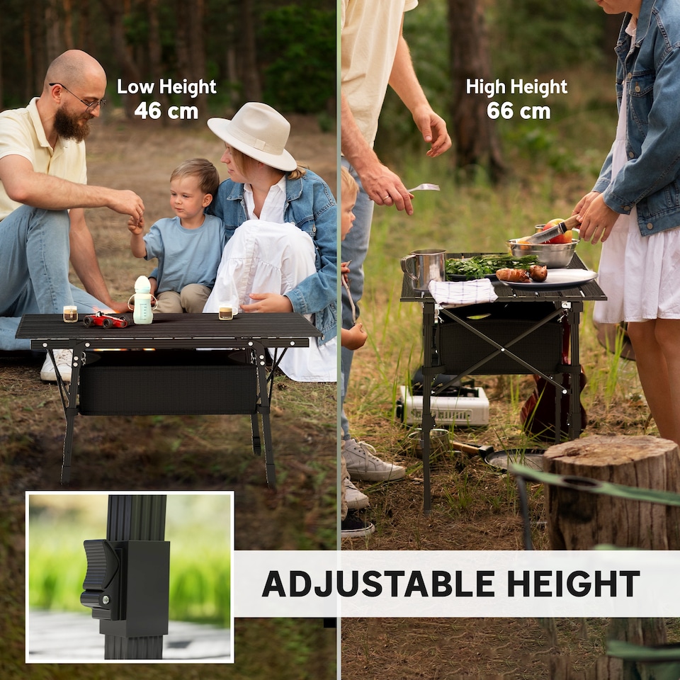 image 1 of Outsunny Folding Camping Table, 90 x 55 cm Height Adjustable Portable Collapsible Table, 3ft Lightweight Aluminium Rollup Picnic Table with Storage Basket for Outdoor Garden Party BBQ, Black | Black | Black | 90L x 55W x 66H cm