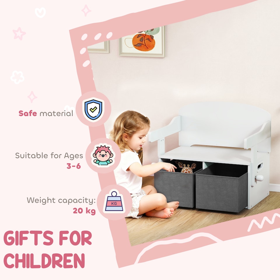 image 1 of AIYAPLAY 3 in 1 Kids Storage Bench, Toddler Table and Chair Set, White