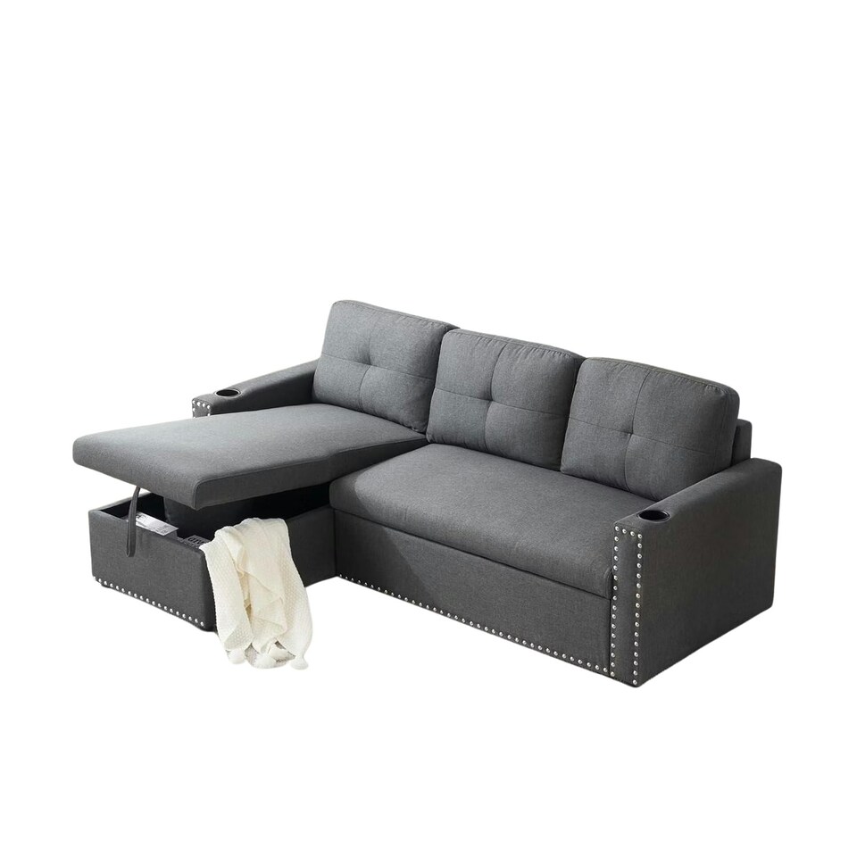 image 1 of Sofabed 3 Seater Reversible Sectional Sofa Sleeper Set with Storage Chaise, Built-in Cupholder, Decorative Rivets, Pull-out Bed, and Light Grey Fabric Grey
