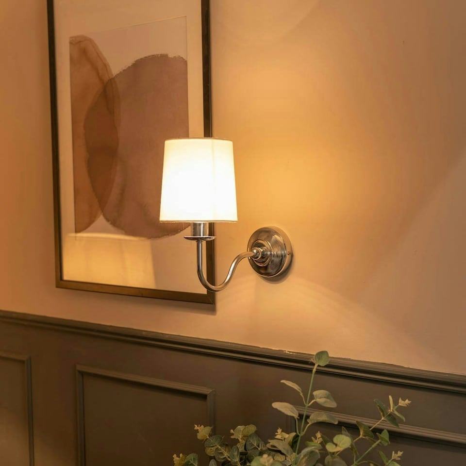 image 1 of ValueLights Memphis Traditional Silver Chrome Wall Light Fitting with a Fabric Lampshade - Bulb Included