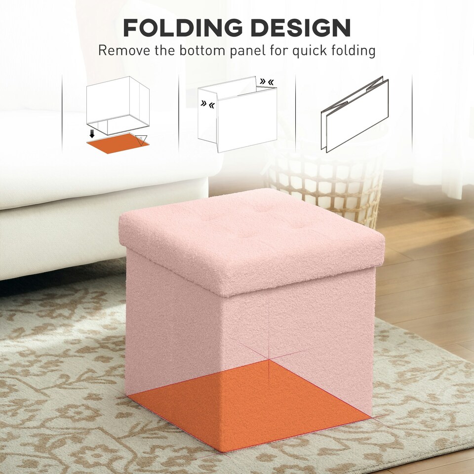 image 1 of HOMCOM Foldable Sherpa Fleece Storage Ottoman, 38 x 38 x 38 cm Pink