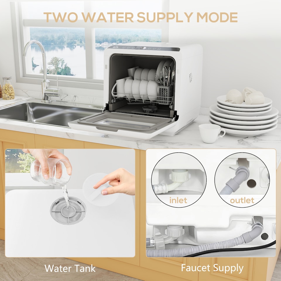 image 1 of HOMCOM Countertop Dishwasher with Dual Water Supply and 6 Programs, White