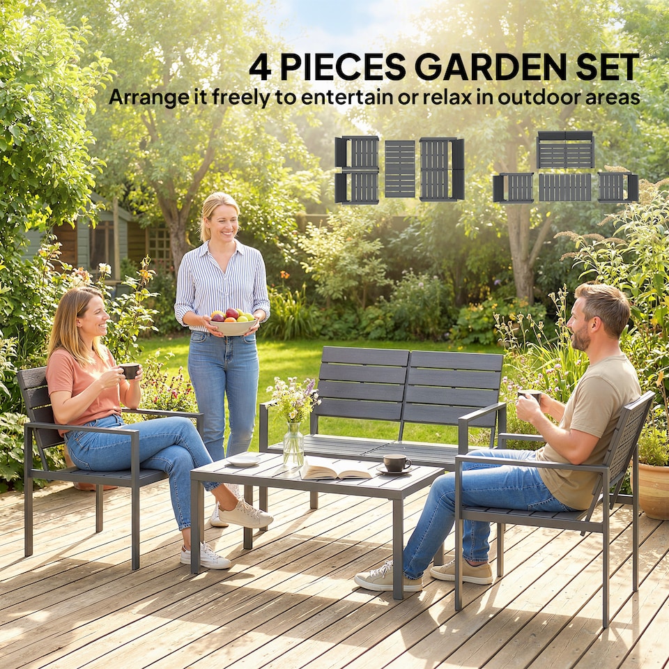 image 1 of Outsunny 4 Piece Garden Furniture Set, HDPE Metal Outdoor Sofa, Dark Grey | Grey | Dark Grey | Four Seater