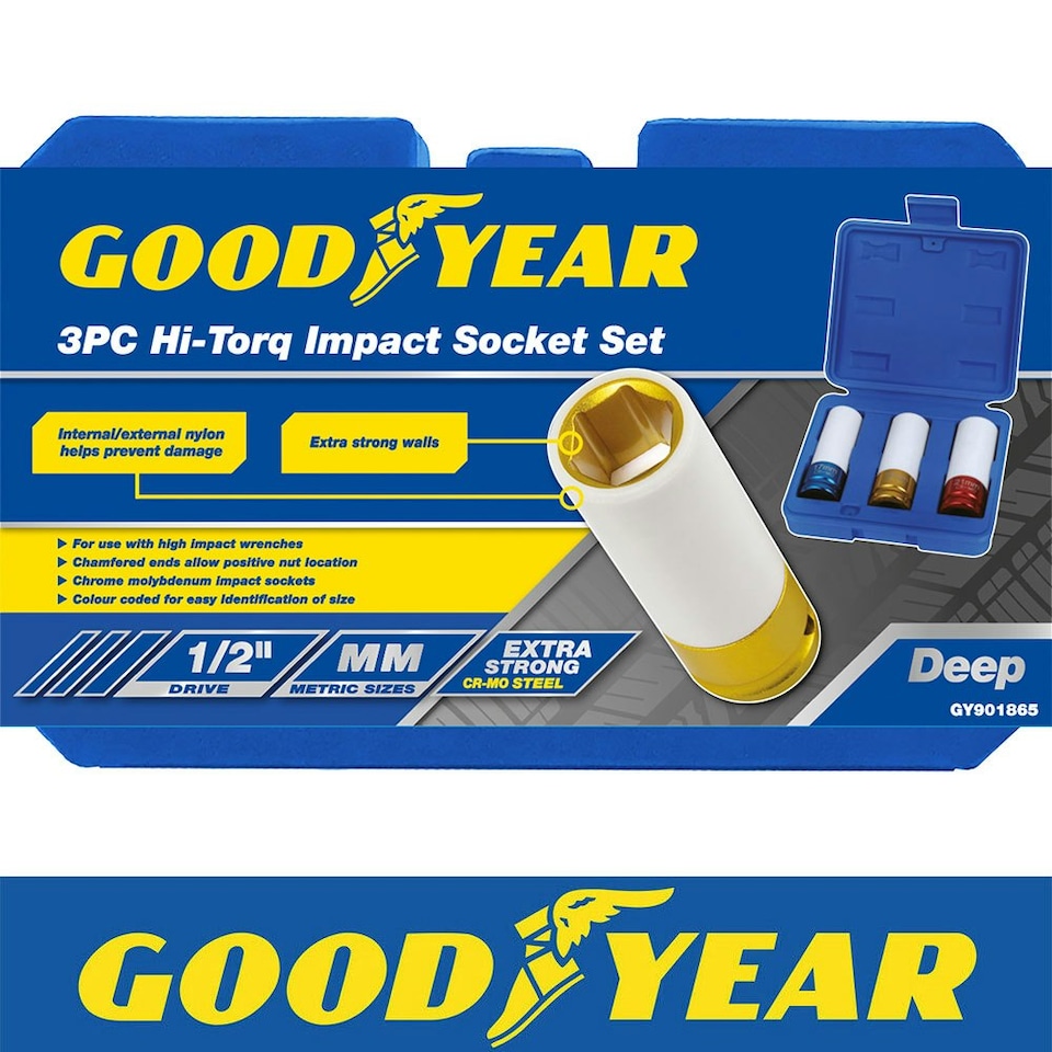 image 1 of Goodyear 3 PC Thin Wall Deep Impact Nut Socket Wheel 1/2" Drive 17mm 19mm 21mm