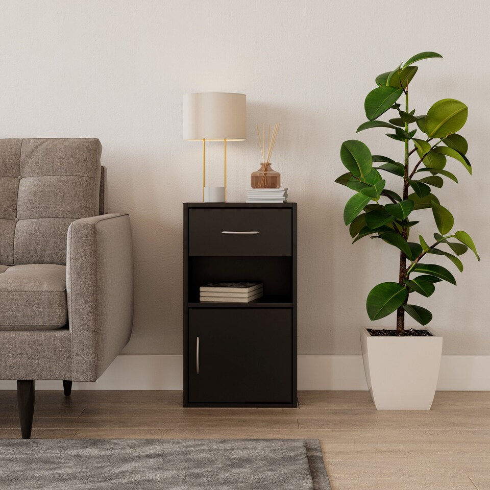 image 1 of 1-Drawer 1-Door Wooden Bedside Table | Black | Unit Colour: Black | 1