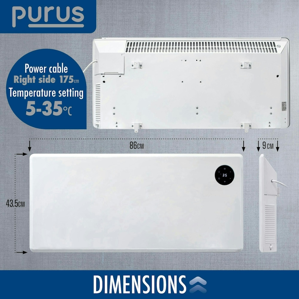image 1 of Purus 2000W Smart Wifi Eco Heater Electric Panel Radiator Wall Mounted White