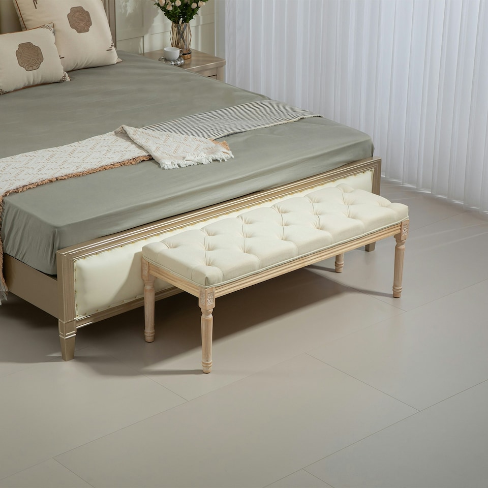image 1 of HOMCOM End of Bed Bench Upholstered Foot Stool Linen-Touch Ottoman Cream